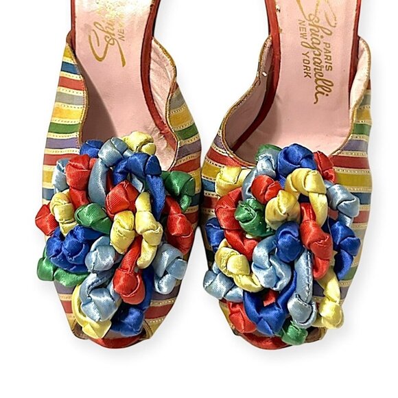 Vintage Schiaparelli Rainbow Satin Heels –1950s 60s Mules with Ribbon Rosette, - Picture 11 of 16